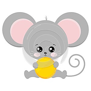 Cute mouse sit with golden coin in paws vector illustration.