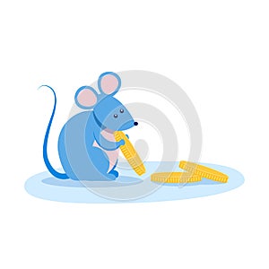 Cute mouse sit with golden coin in paws vector illustration. Funny mice carrying money isolated on white background