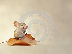 Cute mouse sitting on an autumn leaf
