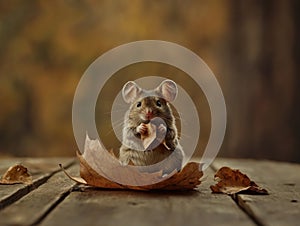 Cute mouse sitting on an autumn leaf