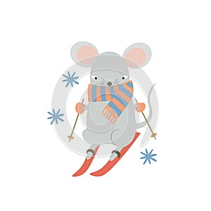 Cute mouse skiing downhill. Funny cartoon rat enjoying winter sport activities. Humanized symbol of 2020 Chinese animal zodiac.