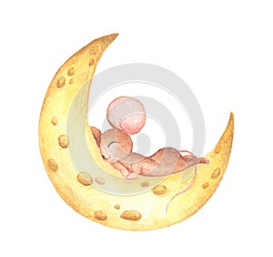 Cute mouse sleeping on the cheese moon. Watercolor