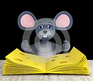 Cute mouse and slices of cheese folded like a book on a white wooden table isolated on black. 3d render