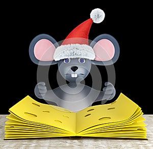 Cute mouse and slices of cheese folded like a book on a white wooden table isolated on black. 3d render