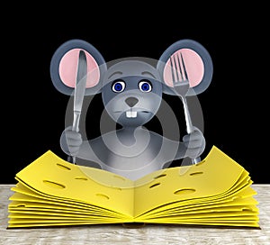 Cute mouse and slices of cheese folded like a book on a white wooden table isolated on black. 3d render