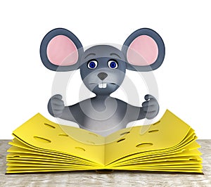 Cute mouse and slices of cheese folded like a book on a white wooden table isolated on white. 3d render