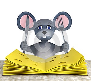Cute mouse and slices of cheese folded like a book on a white wooden table isolated on white. 3d render