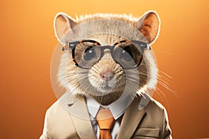 Cute mouse with sunglasses wearing suit and tie on solid background. Generative AI