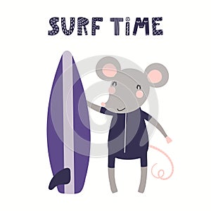 Cute mouse surfer in summer