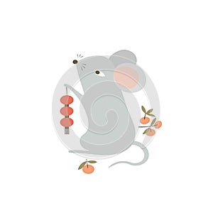 Cute mouse symbol of 2020 year with traditional red lanterns and mandarins. Funny cartoon Rat Chinese animal zodiac symbol
