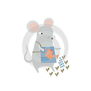 Cute mouse watering plants sprouts in a garden. Cartoon funny rat enjoys gardening. Humanized symbol of 2020 Chinese animal zodiac