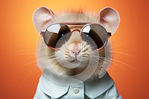 Cute mouse wearing sunglasses on solid orange background. Generative AI