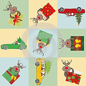 Cute multicolor cartoon reindeer with presents and cars. Geometric patchwork style. Seamless vector pattern on pastel