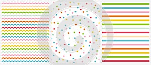 Cute Multicolor Geometric Seamless Vector Patterns. Pink, Blue, Yellow and Green Polka Dots, Tiny Chevron and Vertical Stripes.