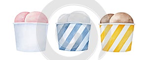 Cute multicolor set of various ice cream sorts in different paper cup containers.