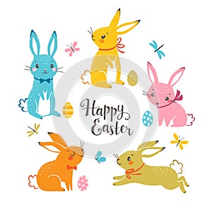 Cute multicolored Easter bunnies isolated on white background photo