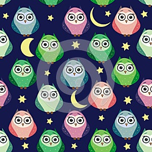 Cute multicolored owls at night with stars, clouds and moon. Seamless pattern in cartoon style, childish seamless