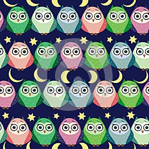 Cute multicolored owls at night with stars, clouds and moon. Seamless pattern in cartoon style, childish seamless