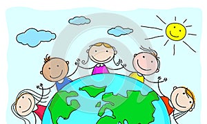 Cute multicultural kids heads in a circle around the earth