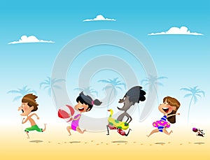 Cute multiracial kids run to the sea