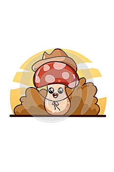 Cute mushroom with cowboy hat cartoon illustration