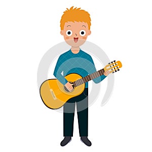 Cute musician boy playing a guitar in cartoon style. Young kid guitarist performer