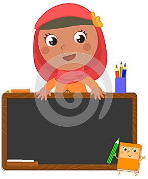 Cute muslim girl with blackboard, isolated vector