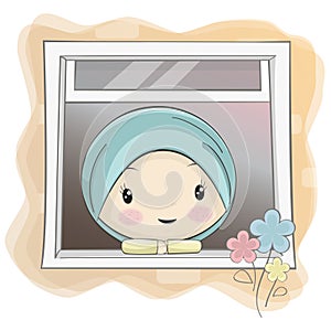 A Cute Muslim Girl Cartoon Starring Through the Window