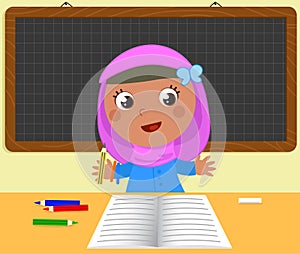 Cute muslim girl at school, vector