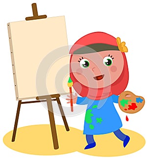 Cute muslim young artist with canvas, isolated vector