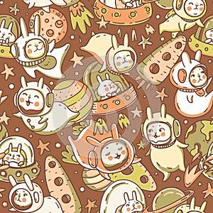 Cute muted astronaut bunnies vector seamless pattern, doodle funny space