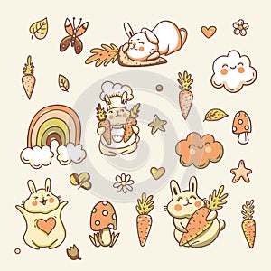 Cute muted doodle bunny greeting card with rainbow, funny characters