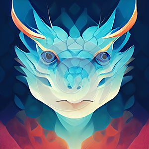 Cute muzzle of a blue dragon. Dragon abstract portrait. Digital illustration. AI-generated