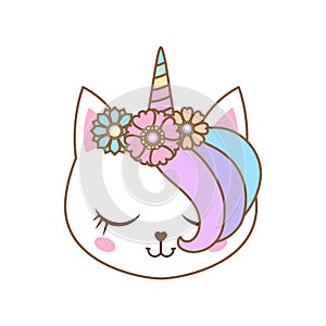 Cute muzzle of rainbow cat unicorn. Vector illustration