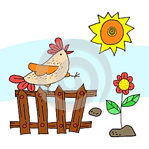 Cute, naive cock in the morning sings, sitting on the fence. Sun, flower and stones. Illustration of a hand drawing