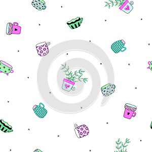 Cute naive cups & flowers vector seamless pattern. Part three.