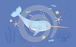 Cute narwhal or unicorn fish in sea or ocean among seaweeds, corals and fishes. Magic fairy underwater animal. Childish