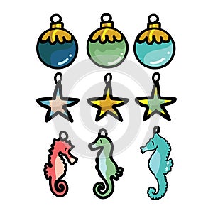 Cute nautical christmas bauble set cartoon vector illustration motif set. Hand drawn isolated festive starfish tree