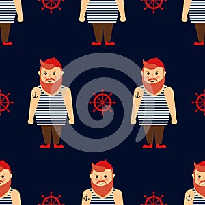 Cute nautical pattern with bearded sailor and steering wheel on dark blue background.