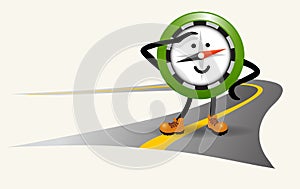 Cute navigational compass character standing on a road in hiking boots.