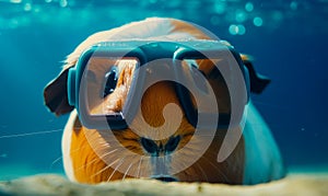 Cute neb of a guinea pig wearing goggles. Close up. Drops of water on the glasses. Blue blurred backdrop. Generative AI