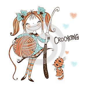 Cute needlewoman girl with a crochet hook in her hands. Vector photo