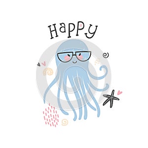 Cute nerd geek happy octopus with glasses clip art vector illustrator