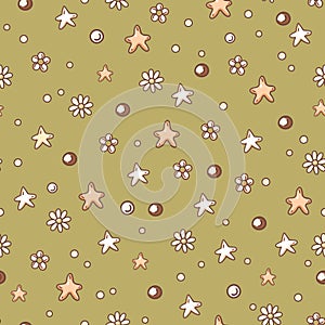 Cute neutral doodle blue star and daisy flowers seamless pattern