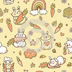 Cute neutral doodle bunny with rainbow seamless pattern