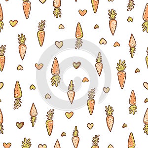 Cute neutral doodle carrot and hearts neutral vector seamless pattern
