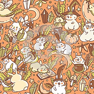 Cute neutral magic bunnies with amanita mushroom vector seamless pattern