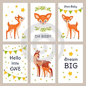 Cute new baby shower fawn. Funny animals, greeting cards, nursery prints and childish textile decor. Welcome little one