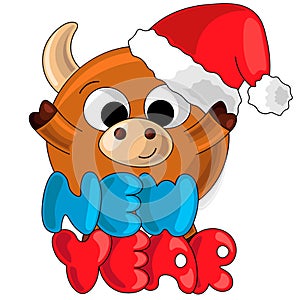 Cute New Year bull in cartoon style with the inscription