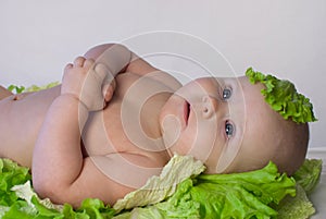 Cute newborn baby in the cabbage